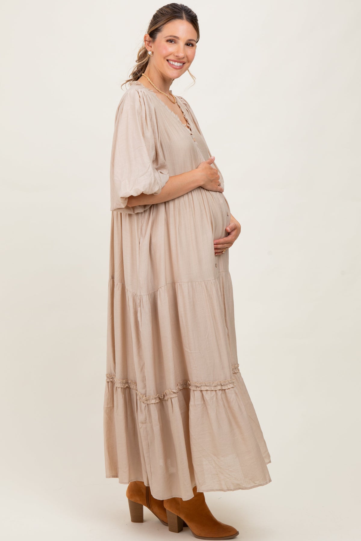 Beige Puff Short Sleeve Crepe Tiered Maternity Maxi Dress