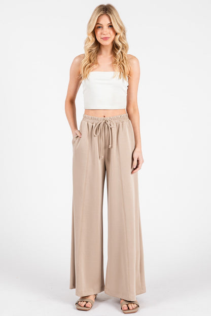 Beige Drawstring Wide Leg Pants