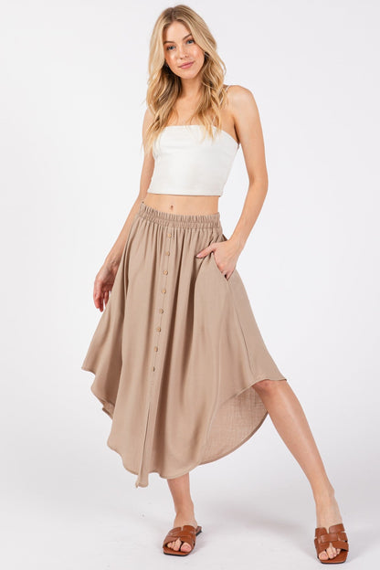 Beige Button Accent Round Hem Maternity Midi Skirt