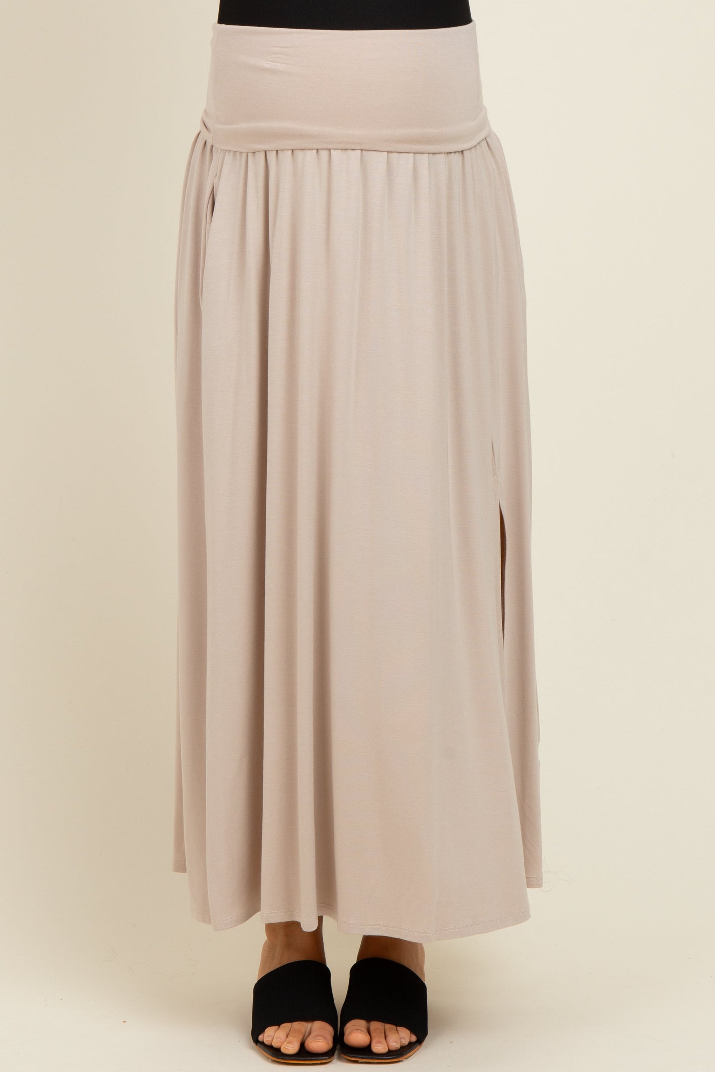 Beige Foldover Waist Side Slit Maternity Maxi Skirt