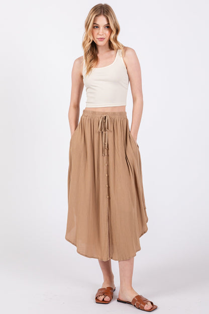 Beige Button Accent Round Hem Skirt