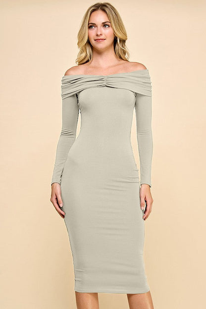 Beige Ruched Off Shoulder Dress