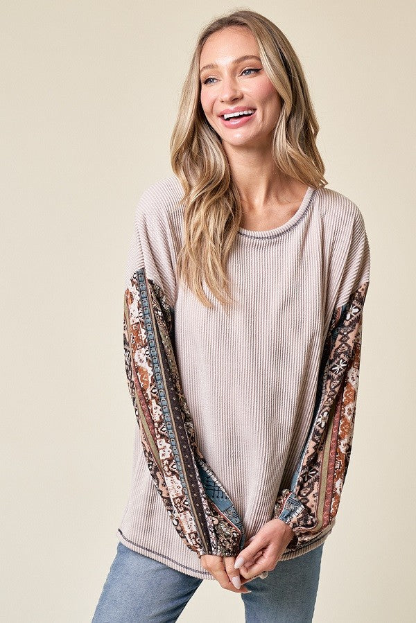 Beige Floral Ribbed Knit Colorblock Maternity Long Sleeve Top