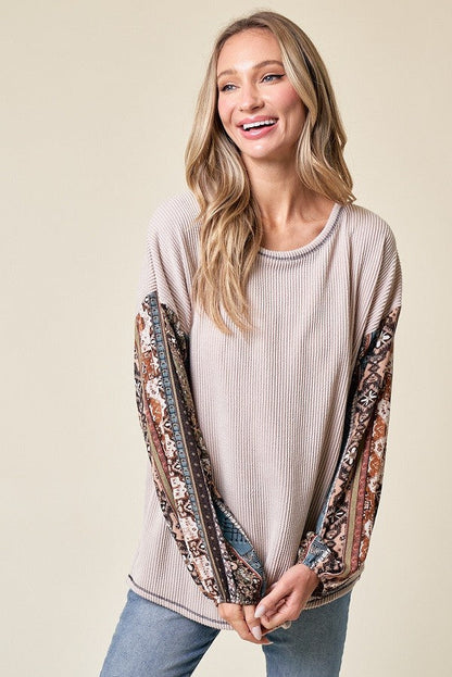 Beige Floral Ribbed Knit Colorblock Maternity Long Sleeve Top