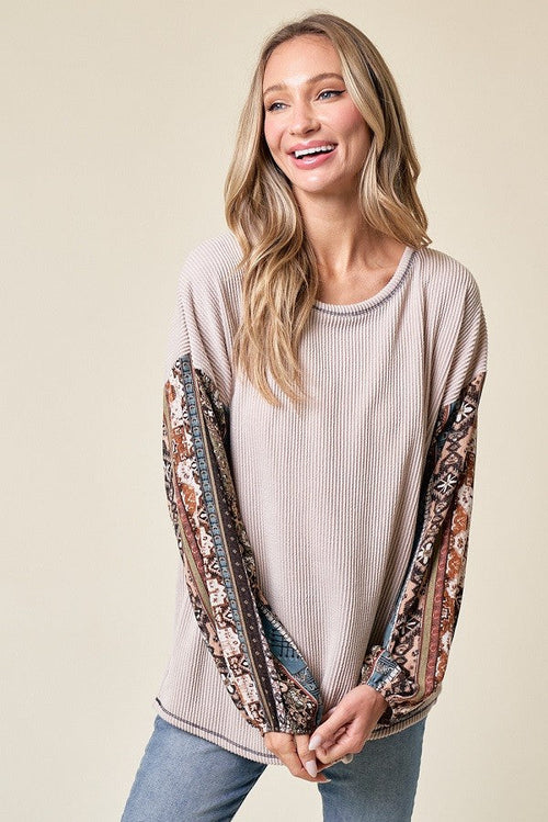 Beige Floral Ribbed Knit Colorblock Long Sleeve Top