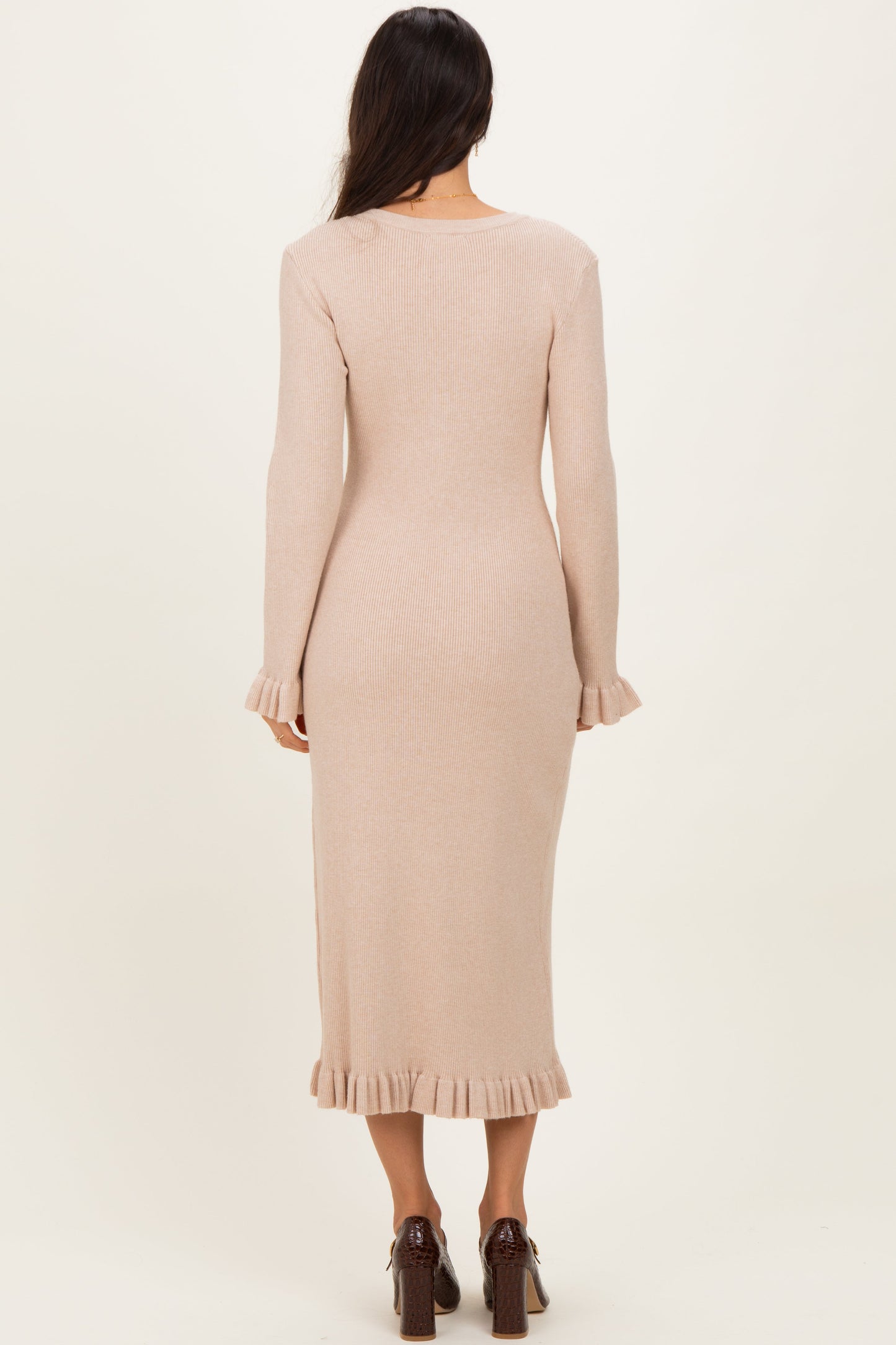 Beige Ribbed Knit Ruffle Trim Midi Sweater Dress