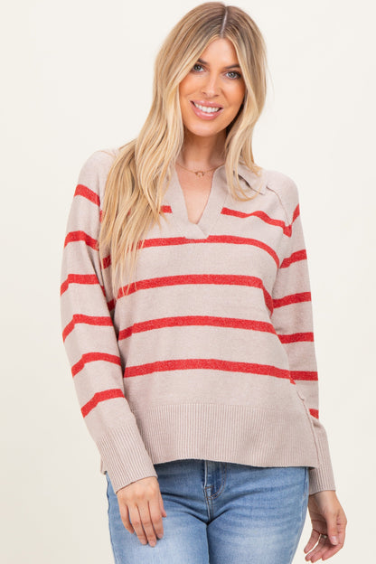 Beige Striped Oversized Polo Sweater