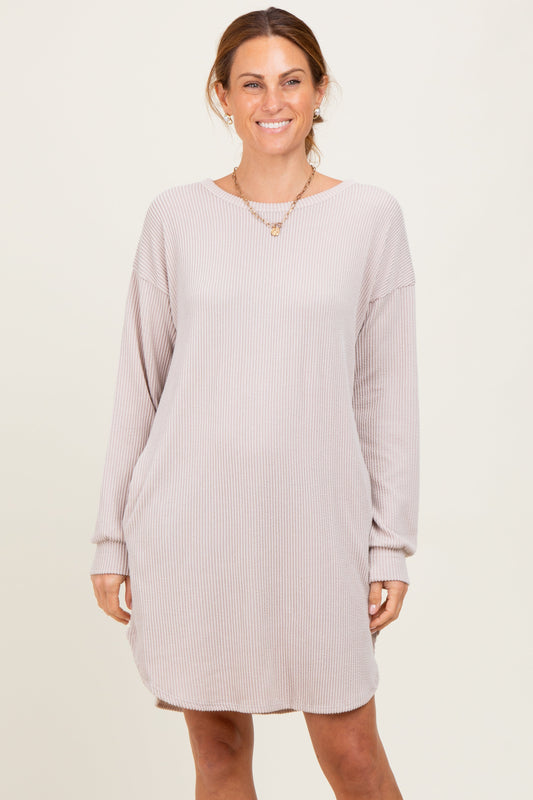 Beige Rib Knit Long Sleeve Dress