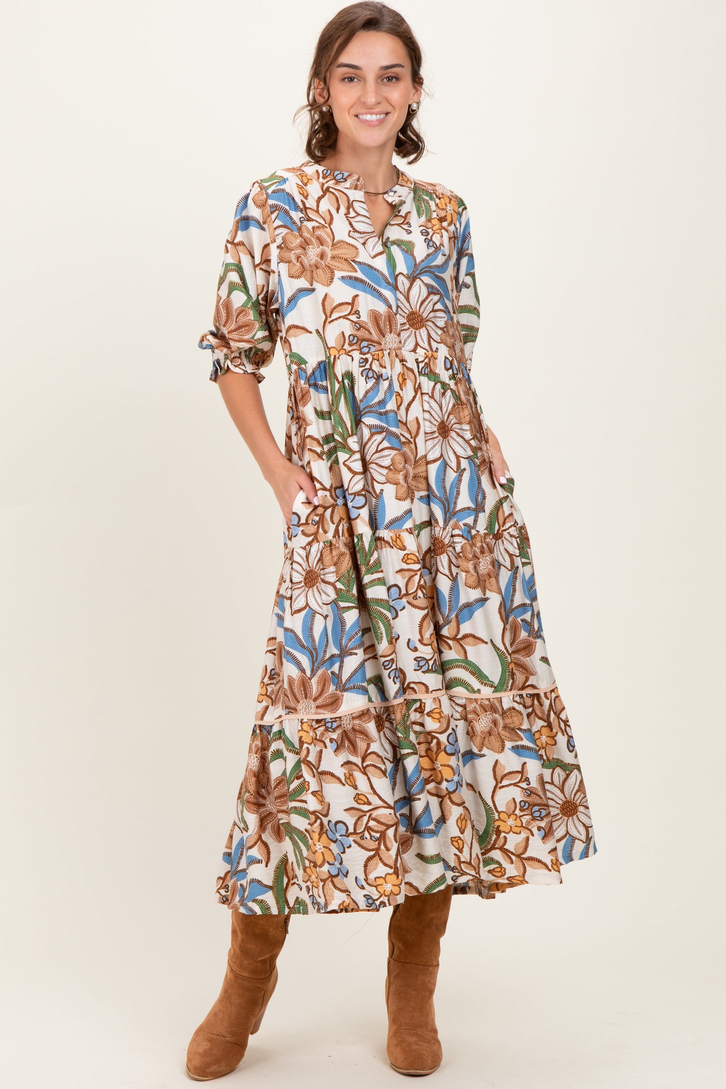 Beige Floral Tiered Short Sleeve Midi Dress