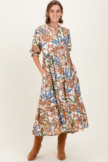 Beige Floral Tiered Short Sleeve Midi Dress