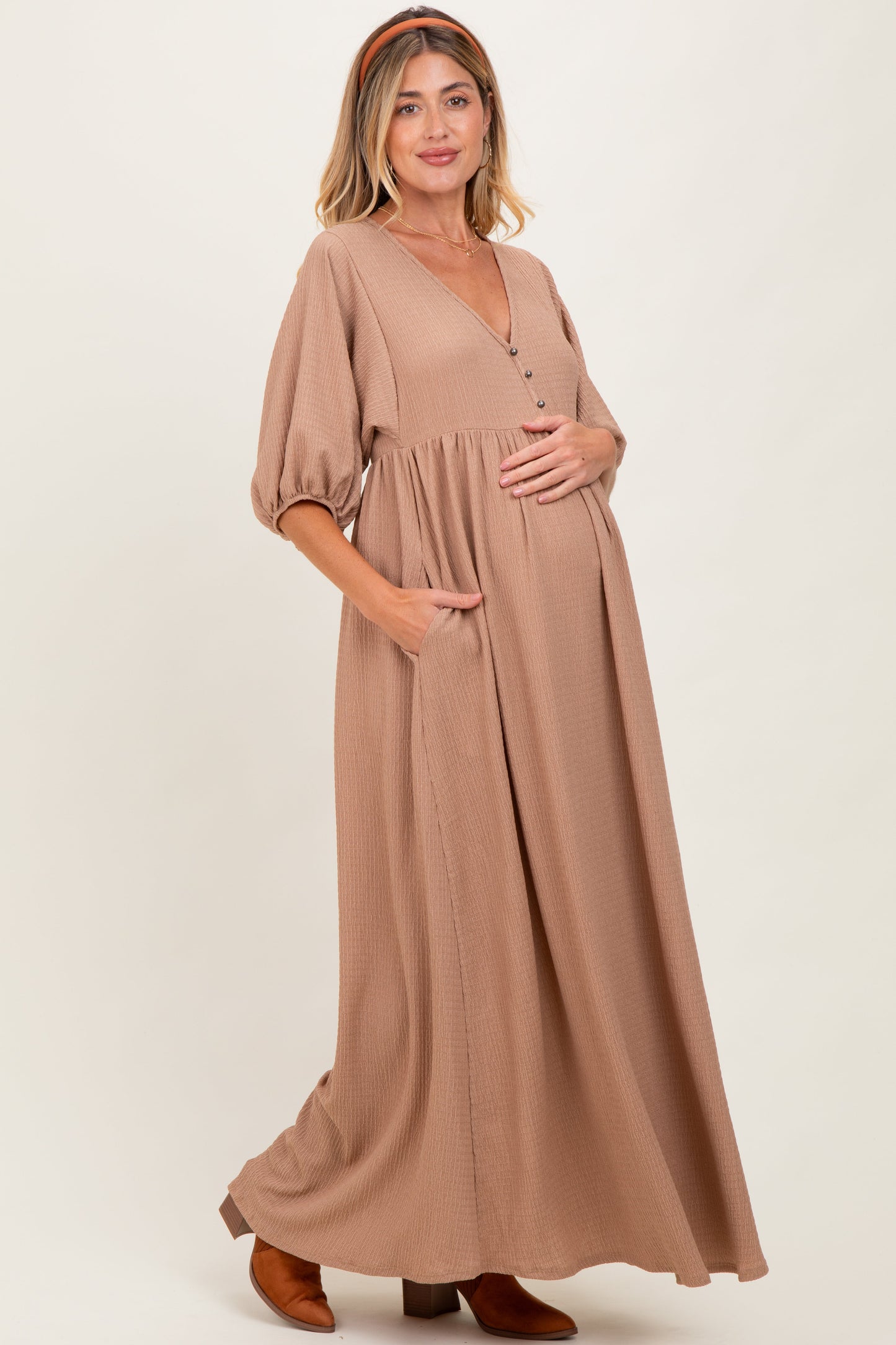 Beige Solid Woven 3/4 Sleeve V-Neck Button Down Maternity Maxi Dress