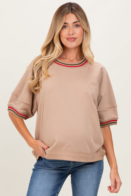 Beige Contrast Trim Short Sleeve Maternity Pullover