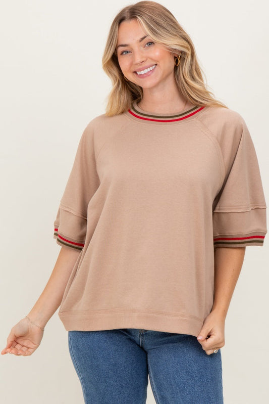 Beige Contrast Trim Short Sleeve Pullover
