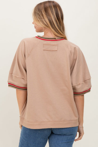 Beige Contrast Trim Short Sleeve Pullover