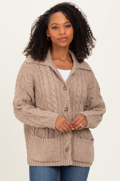 Beige Cable Knit Collared Button Up Cardigan