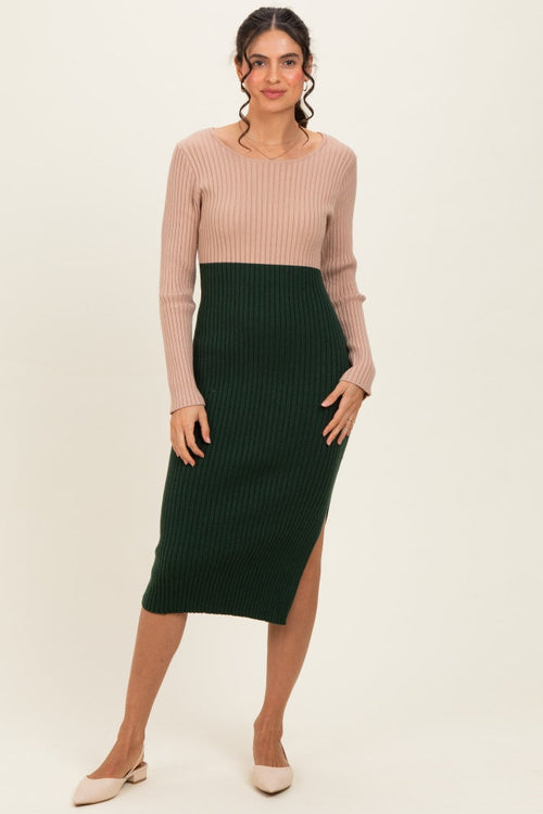 Beige Knit Colorblock Long Sleeve Midi Dress