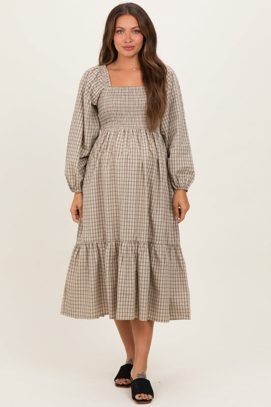 Beige Plaid Smocked Puff Sleeve Maternity Midi Dress