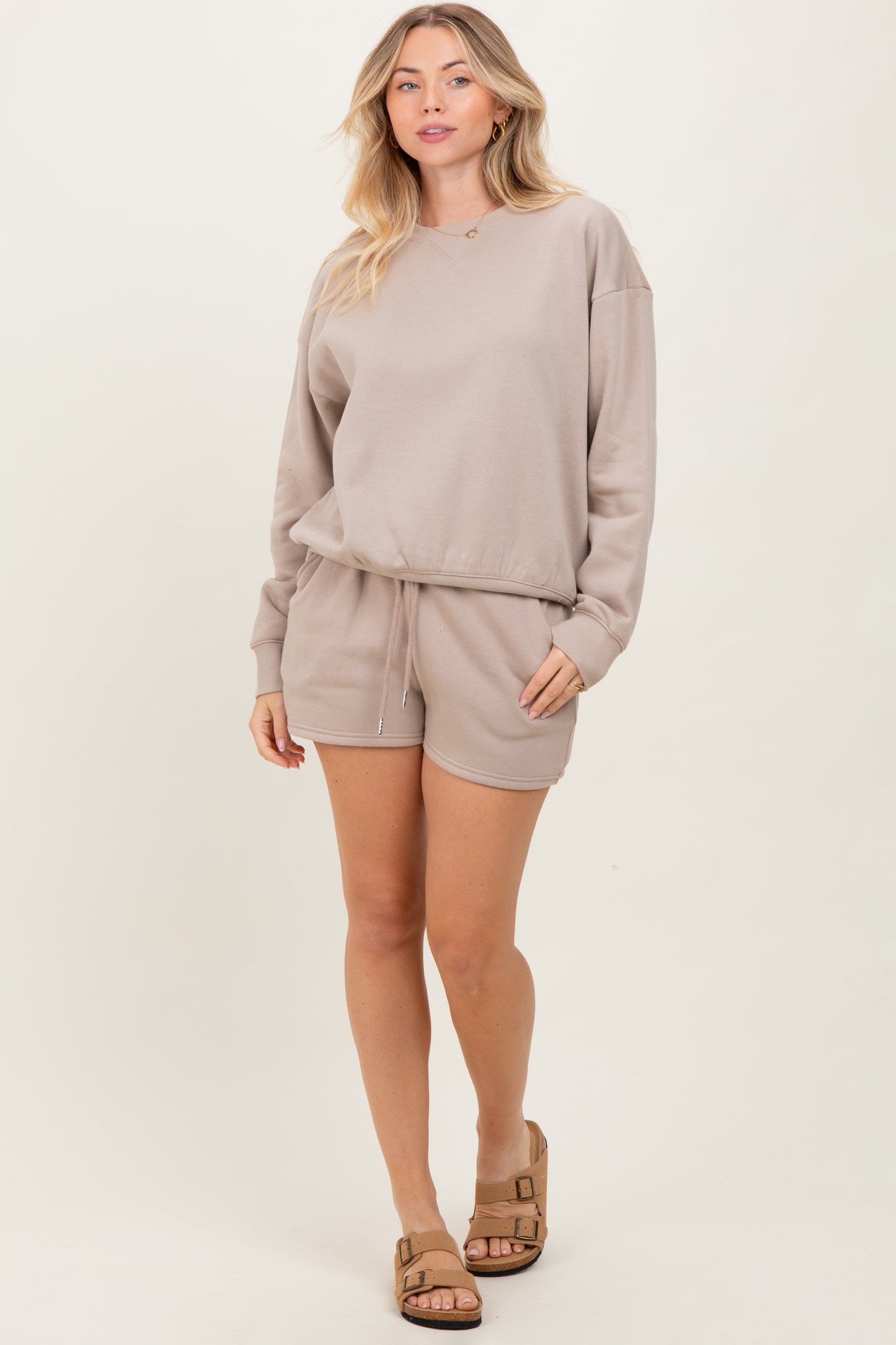 Beige Fleece Sweatshirt Shorts Set