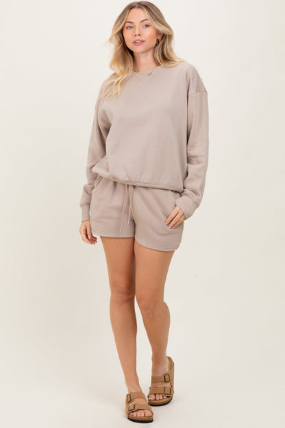 Beige Fleece Sweatshirt Shorts Set
