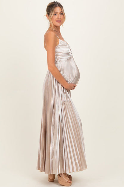 Beige Pleated Satin Sleeveless Maternity Maxi Dress