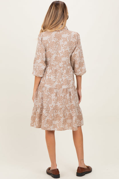 Beige Floral Button Down 3/4 Sleeve Maternity Midi Dress