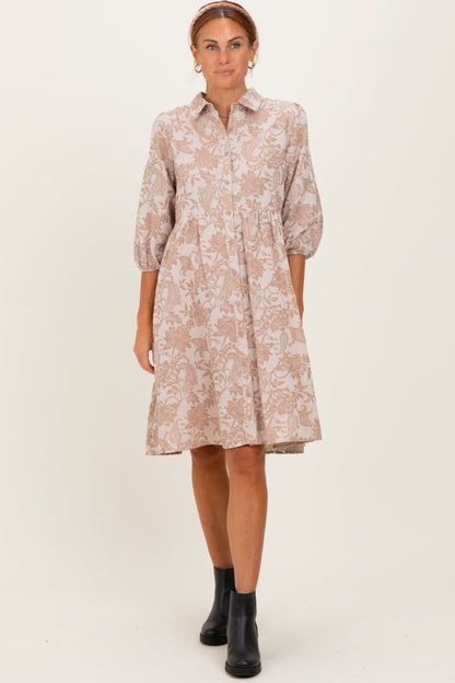 Beige Floral Button 3/4 Long Sleeve Midi Dress