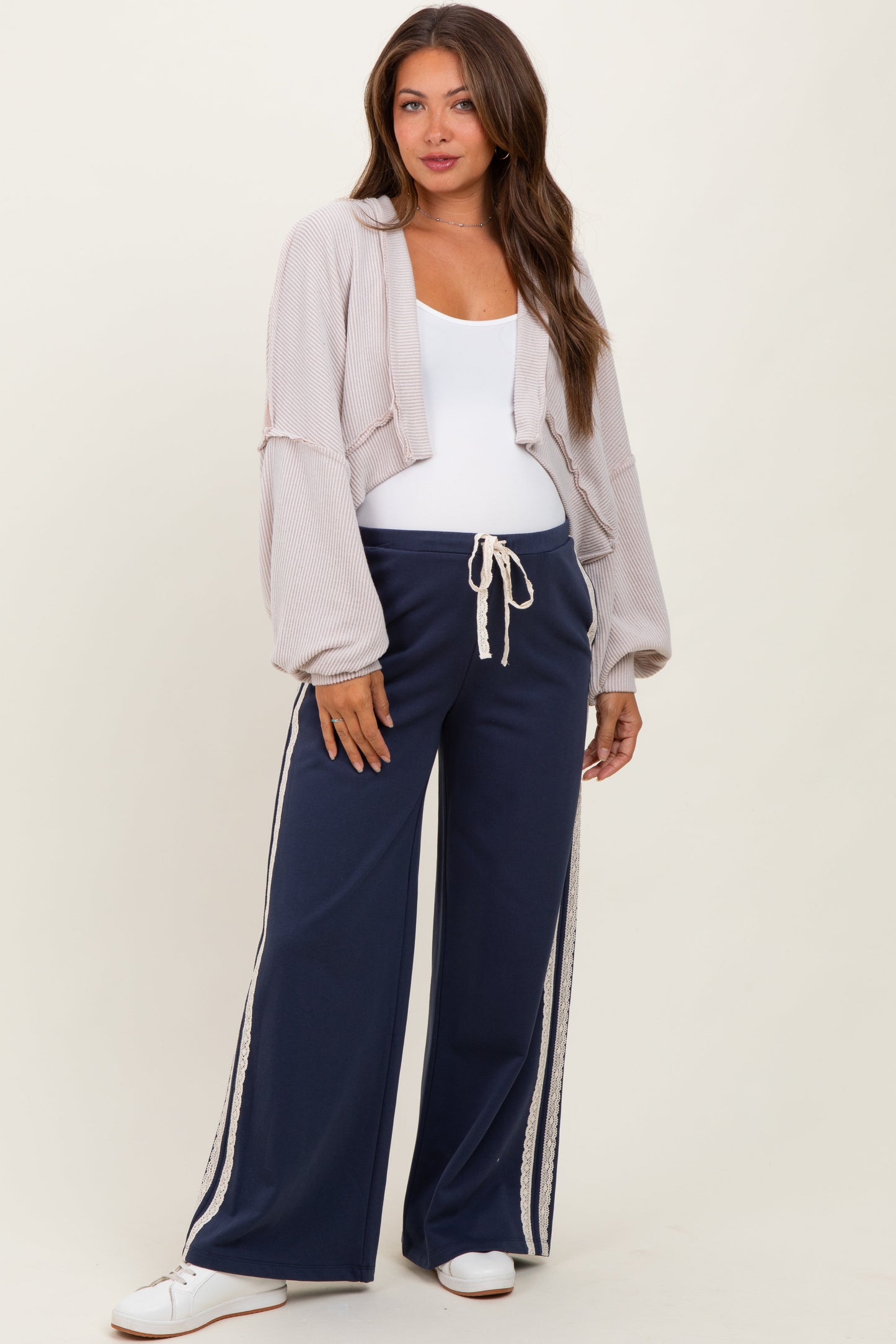 Beige Solid Ribbed Long Sleeve Cropped Maternity Cardigan