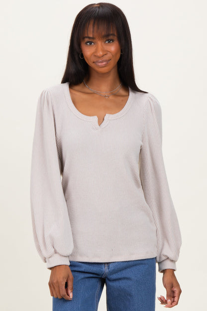 Beige Solid Ribbed Long Sleeve V-Neck Tunic Top