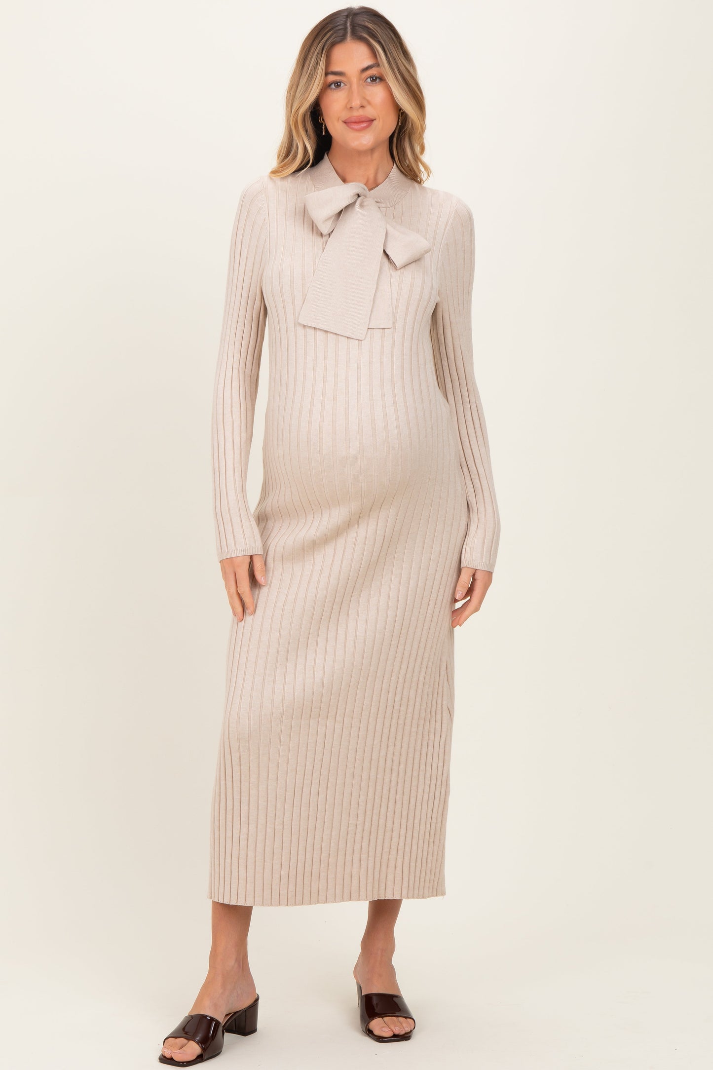 Beige Neck Tie Sweater Maternity Dress