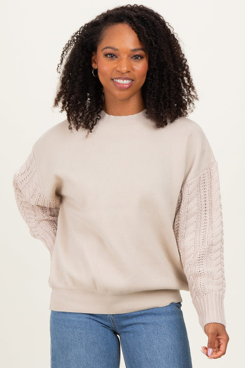 Beige Cable Knit Sleeve Round Neck Sweater