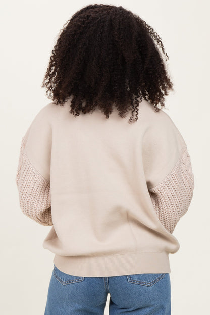 Beige Cable Knit Sleeve Round Neck Sweater