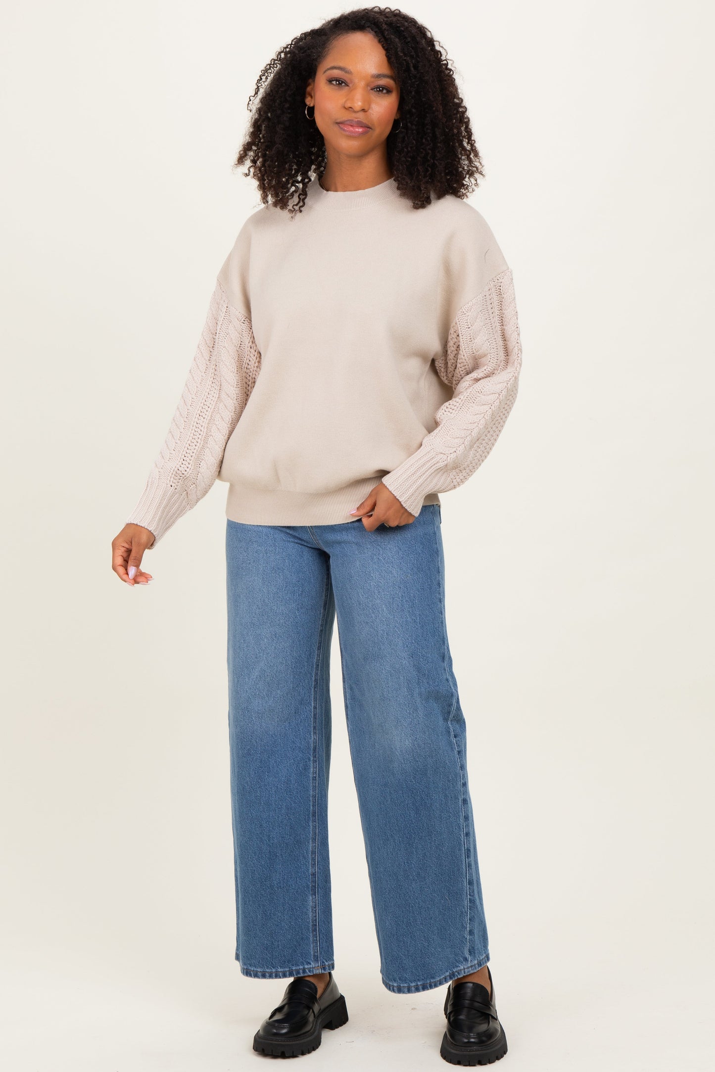 Beige Cable Knit Sleeve Round Neck Sweater