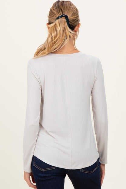 Beige Flowy Round Hem Maternity Long Sleeve Top