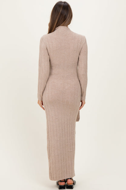 Beige Ribbed Front Tie Maternity Maxi Sweater Dress