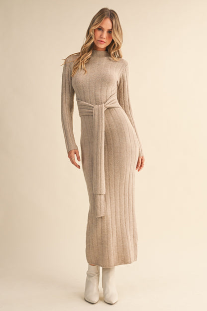 Beige Ribbed Front Tie Maxi Sweater Dress