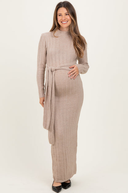 Beige Ribbed Front Tie Maternity Maxi Sweater Dress