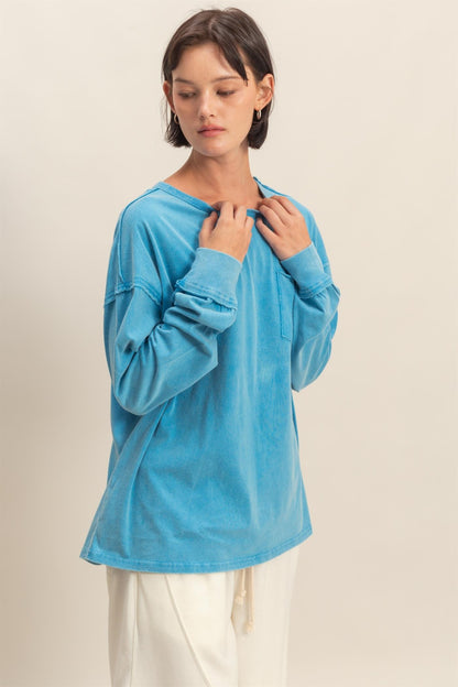 Aqua Oversized Washed Long Sleeve Pocket Top