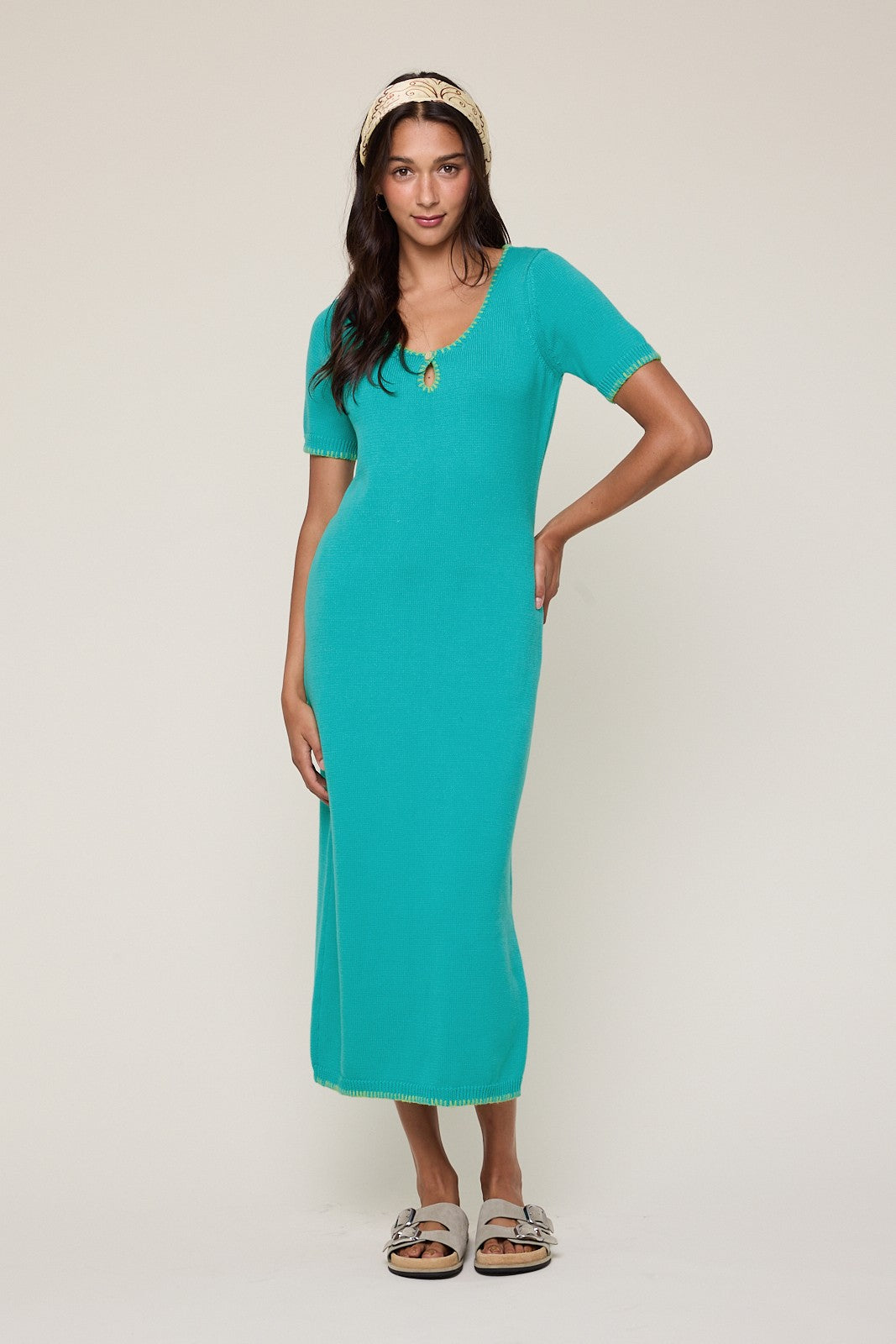 Aqua Knit Contrast Stitch Detail Midi Dress