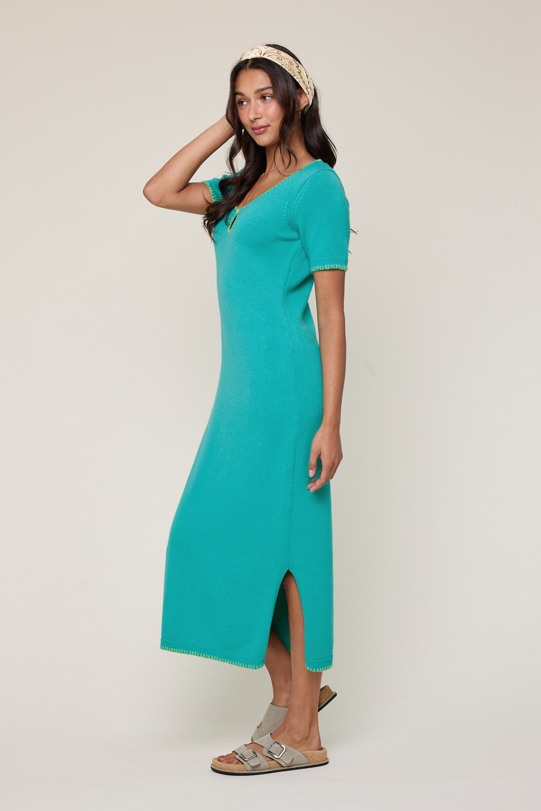 Aqua Knit Contrast Stitch Detail Midi Dress