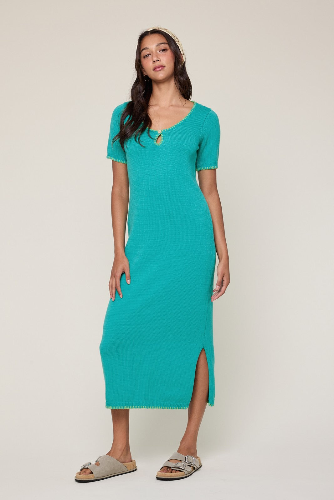 Aqua Knit Contrast Stitch Detail Midi Dress