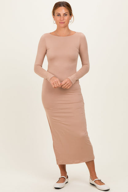 Beige Boat Neck Fitted Long Sleeve Side Slit Maxi