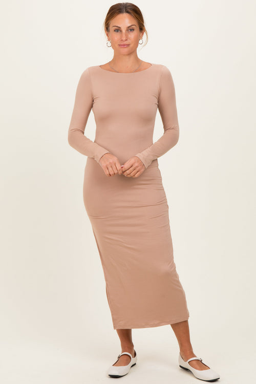 Beige Boat Neck Fitted Long Sleeve Side Slit Maxi