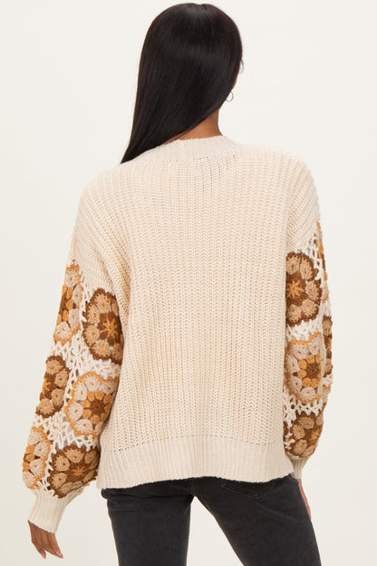 Beige Crochet Detail Sleeve Cardigan