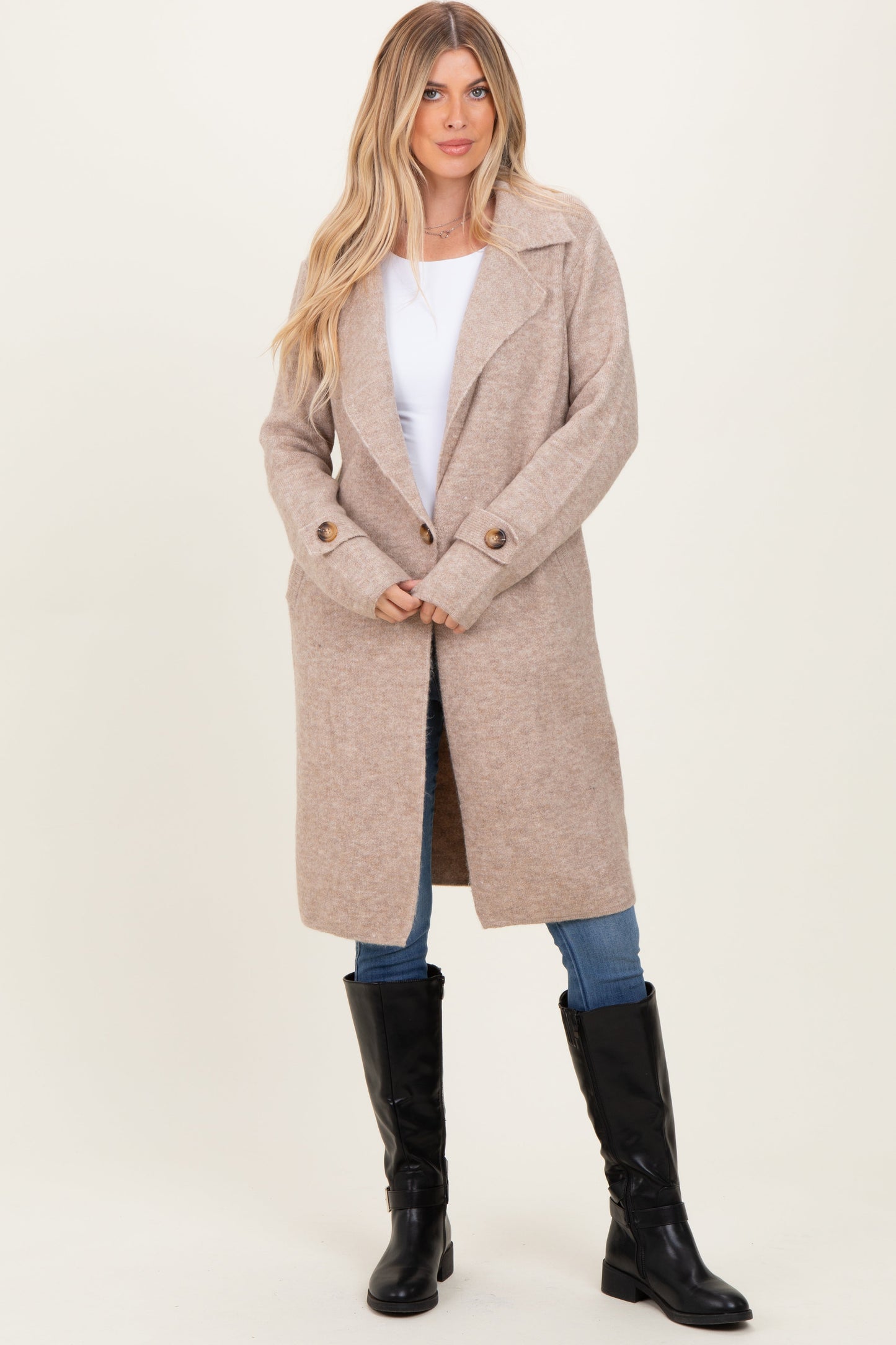 Beige Knit Long Sweater Coat