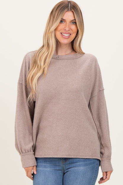 Beige Brushed Ribbed Knit Pullover