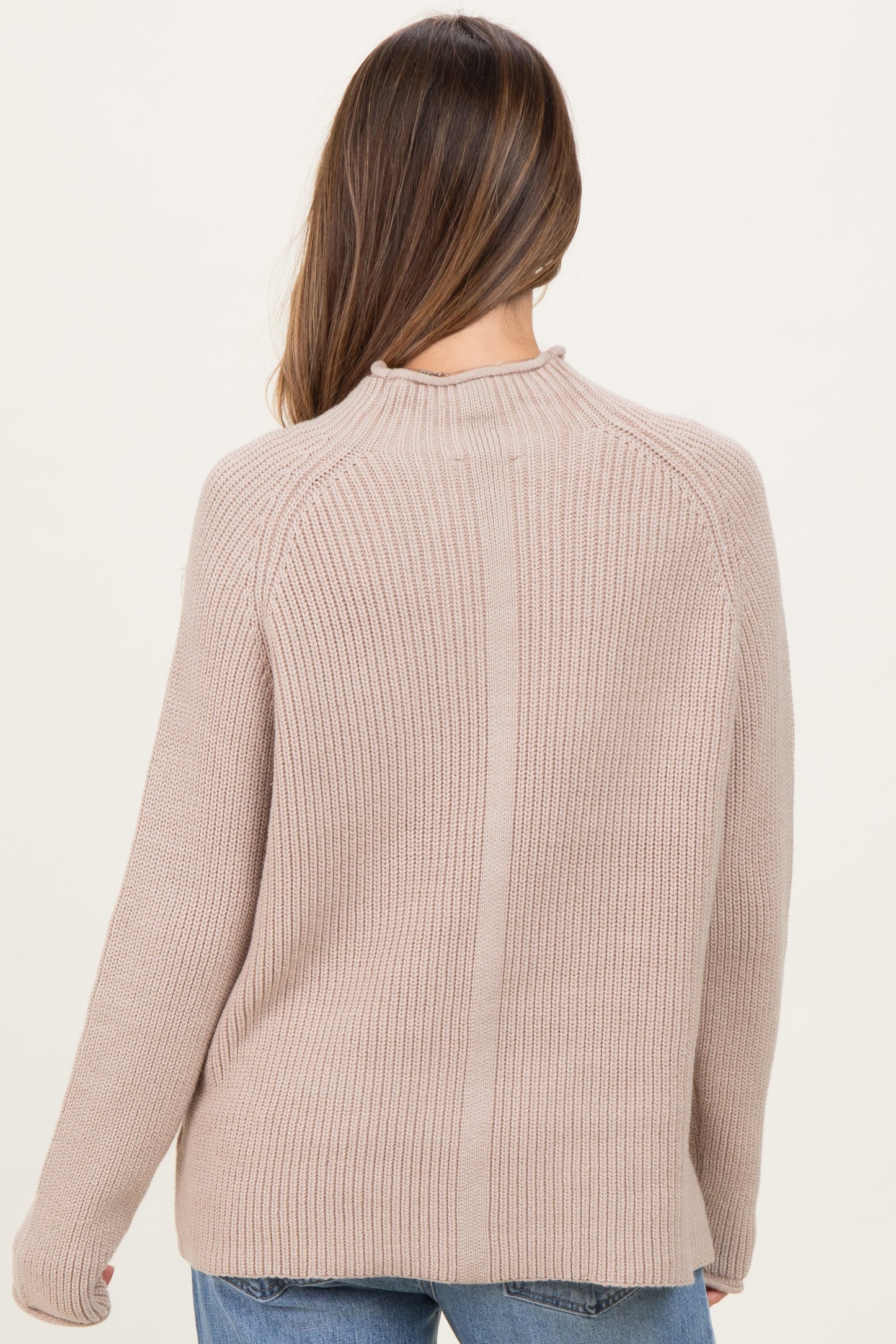 Beige Mock Neck Ribbed Knit Basic Maternity Sweater Top
