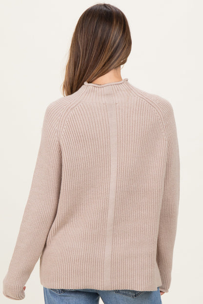Beige Mock Neck Ribbed Knit Basic Maternity Sweater Top