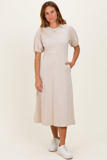 Beige Puff Sleeve Midi Dress