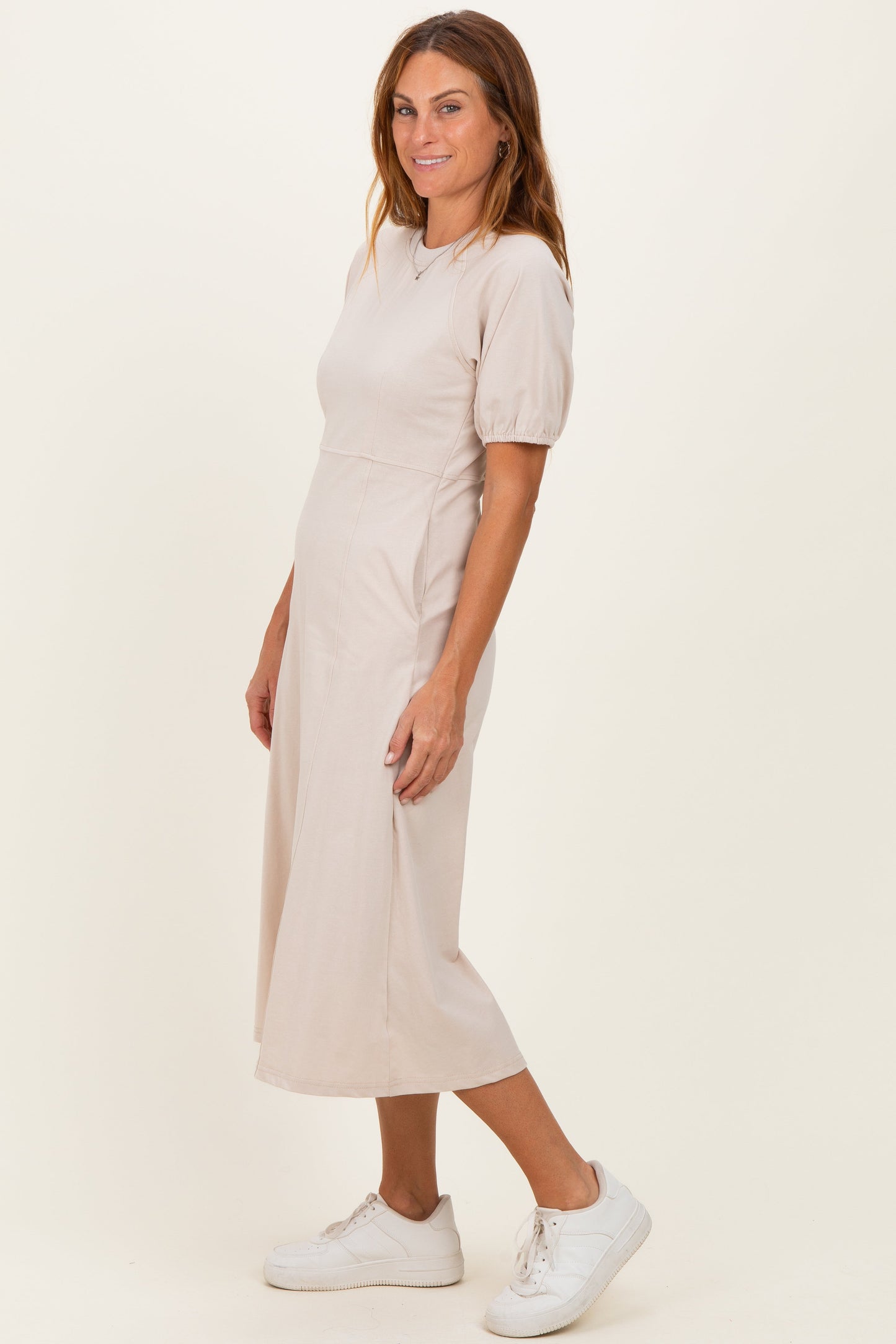 Beige Puff Sleeve Midi Dress