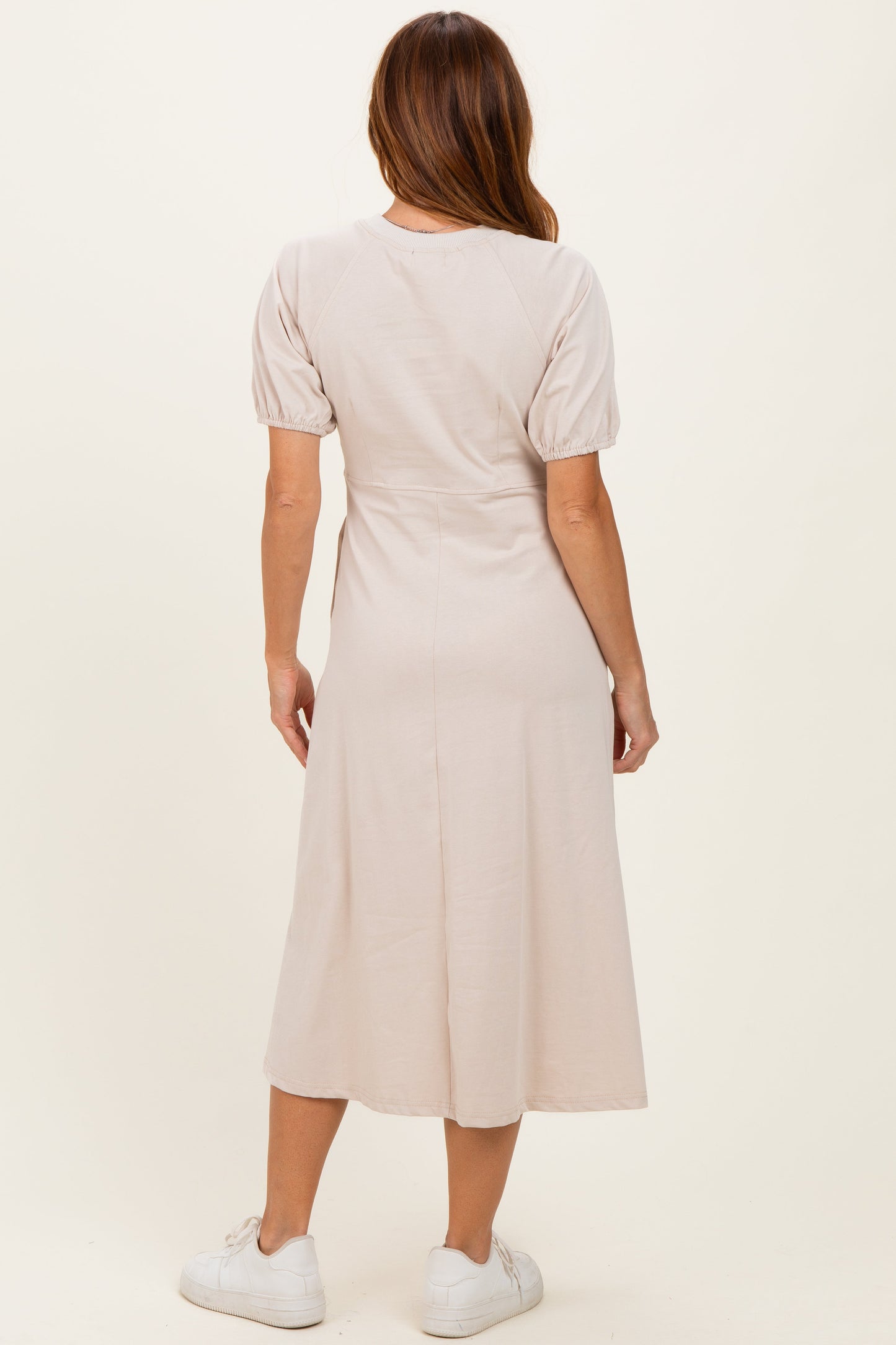 Beige Puff Sleeve Midi Dress